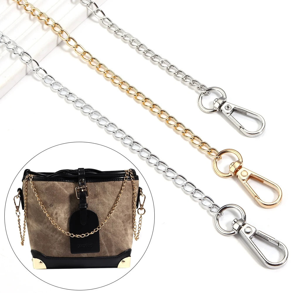 A close-up of an adjustable gold-tone chain strap for a handbag, shown alongside the finished product.