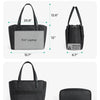Daily-carry size comparison showing the laptop bag next to an iPhone and the tote bag's back and bottom views.