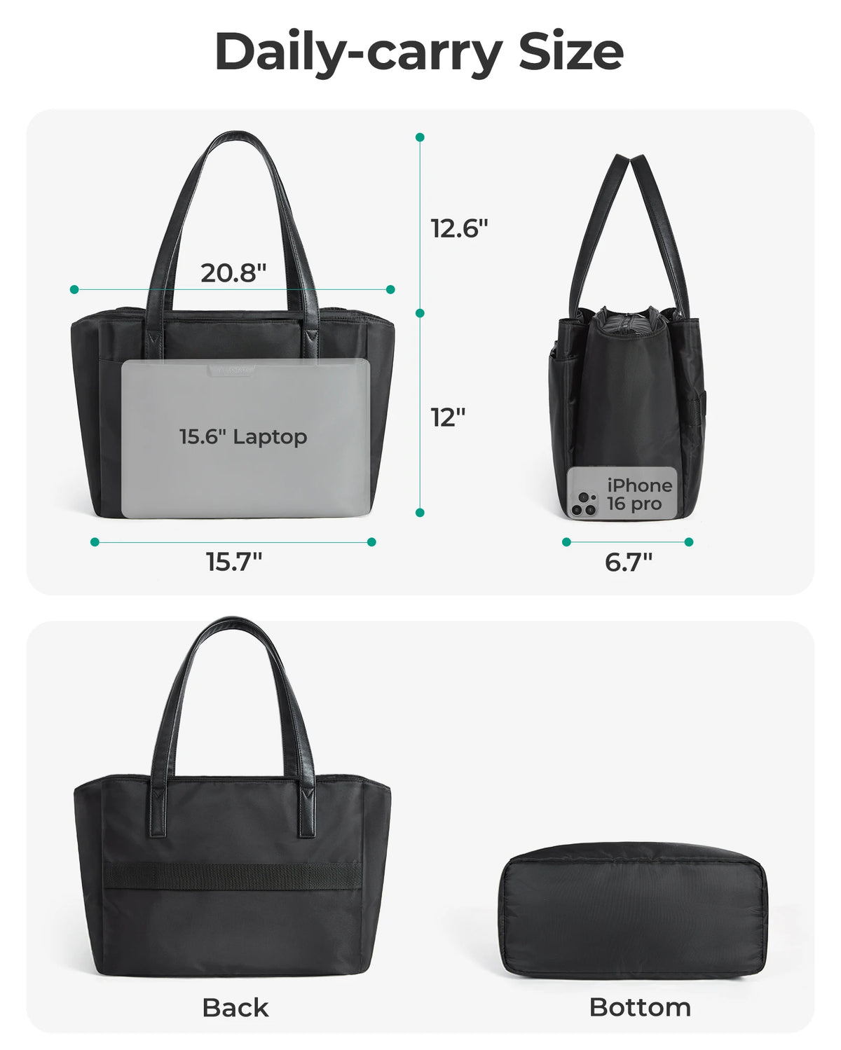 Daily-carry size comparison showing the laptop bag next to an iPhone and the tote bag's back and bottom views.