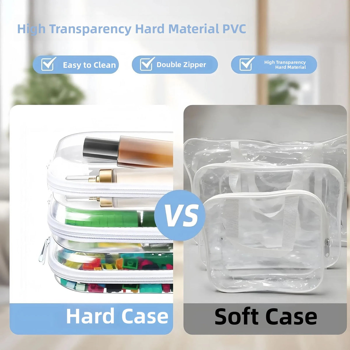 Comparison of a hard case and a soft case for foldable PET zipper storage pouch