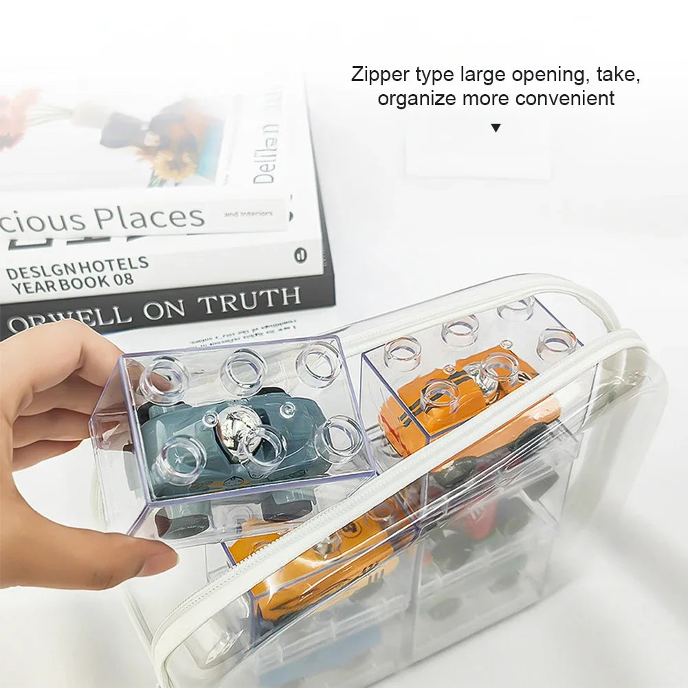 A hand holds a clear plastic storage pouch filled with small items, demonstrating the zipper type large opening feature.