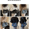 A series of photos showing a vintage-inspired denim tote bag with a chain strap worn by a model.