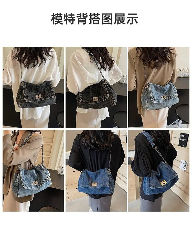 A series of photos showing a vintage-inspired denim tote bag with a chain strap worn by a model.