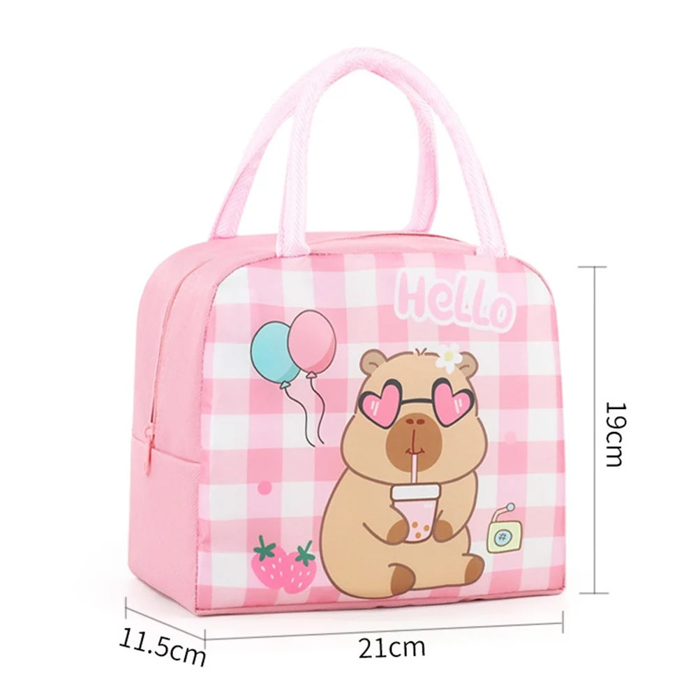 Pink cartoon capybara insulated lunch bag with a checkered pattern and a smiling face