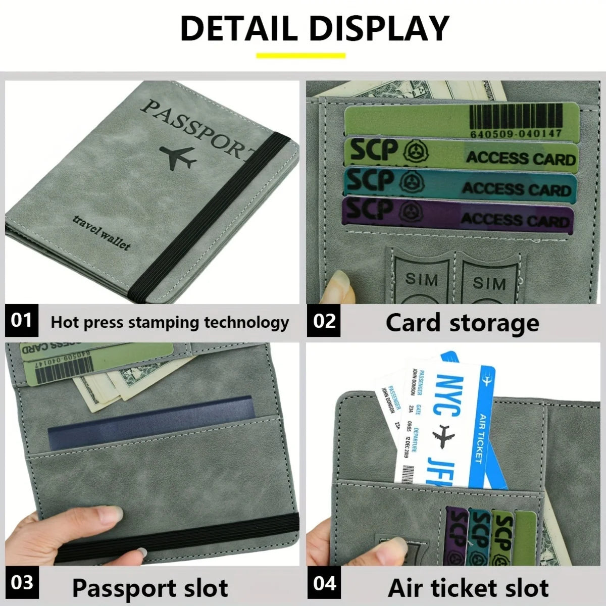 Detail display showing a leather passport holder with various slots for cards and tickets