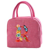 A pink insulated canvas lunch bag featuring a floral and butterfly design.