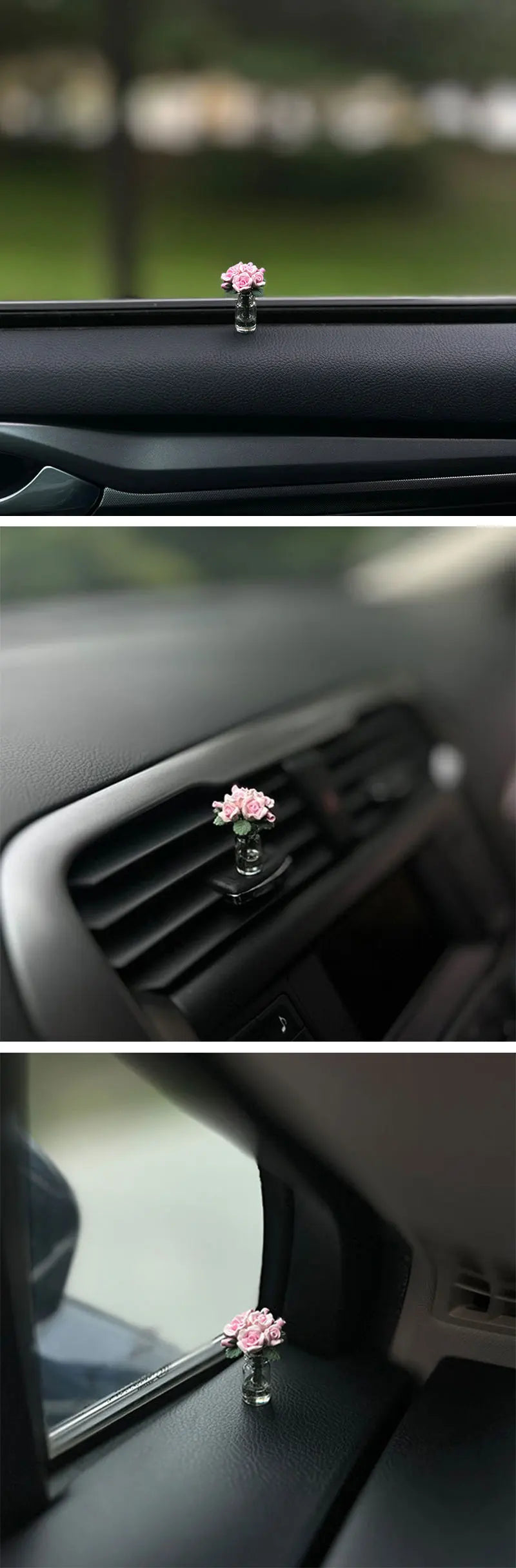 Eine kleine rosa Rose in einer Glasvase auf dem Armaturenbrett und in einem Auto-Lüftungsschlitz