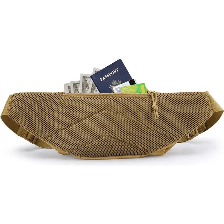 Olive green multi-compartment waist pack holding various travel documents like a passport and currency.