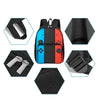 A black and blue cartoon backpack featuring a front pocket and various accessory pouches.