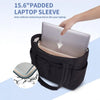 A hand is placing a silver laptop into a black padded laptop sleeve or tote bag.