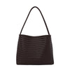 A black woven PU bucket shoulder bag with a long strap.