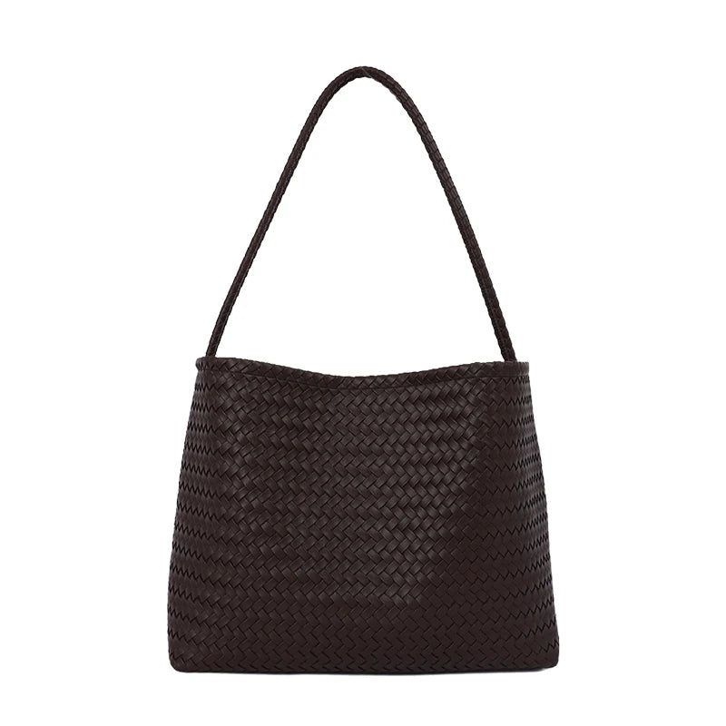 A black woven PU bucket shoulder bag with a long strap.