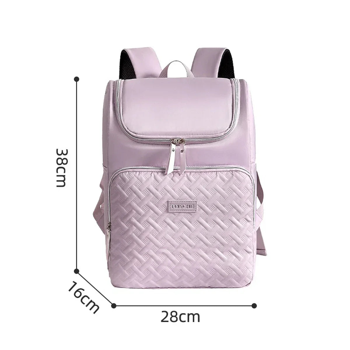 A light purple insulated travel backpack shown from the front with black straps and a quilted texture.