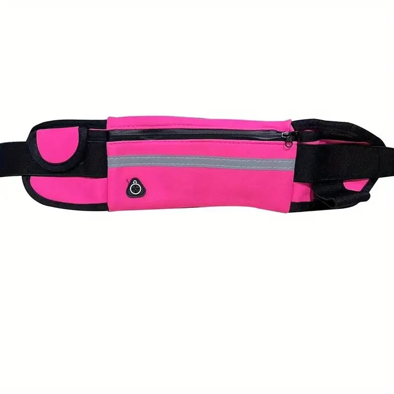 Pink waterproof running waist pack with a gray stripe and a silver logo on the front