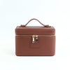 A brown PU leather makeup bag with a zipper closure and carrying loop.