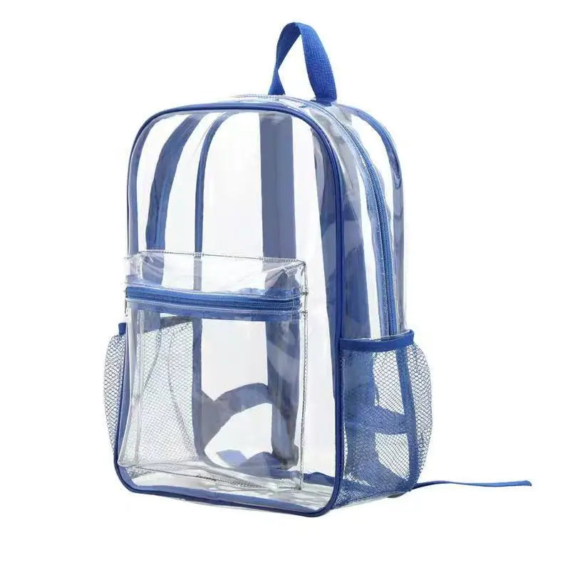 A clear transparent blue PVC backpack for kids and students.