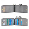 A gray RFID protection bi-fold wallet with a leather flap, showing various cards inside.