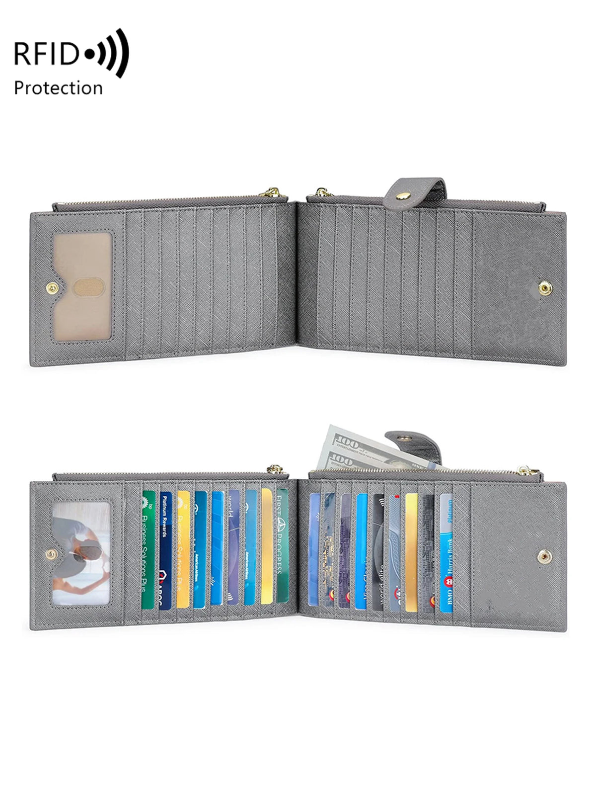 A gray RFID protection bi-fold wallet with a leather flap, showing various cards inside.