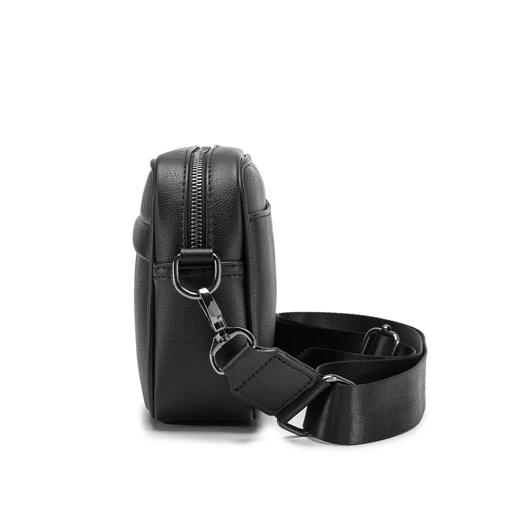 Black men's PU leather crossbody messenger bag with a zipper and leather strap