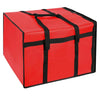 A red insulated non-woven pizza delivery bag with black straps.