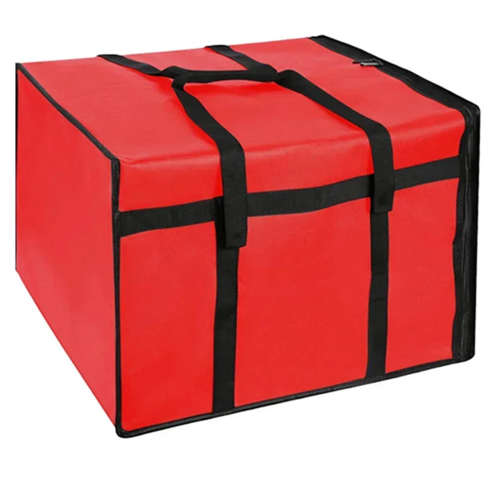 A red insulated non-woven pizza delivery bag with black straps.