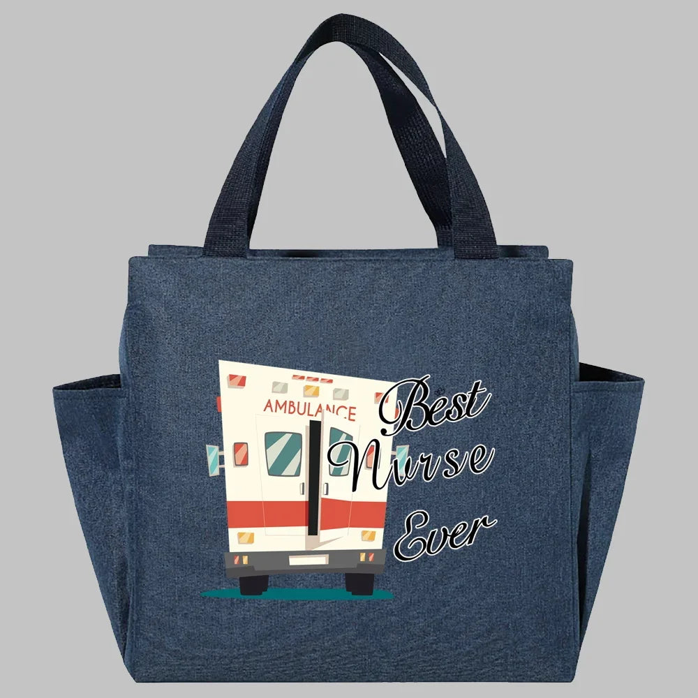Bolsa de almuerzo de lona aislada azul oscuro con un gráfico de una ambulancia y el texto Mejor Enfermera