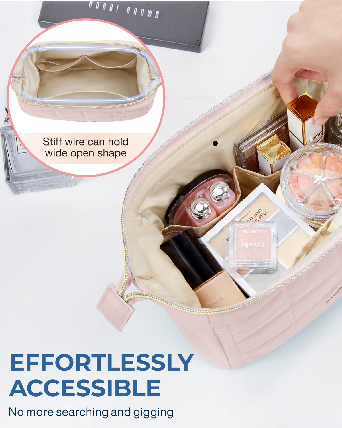 A pink padded makeup bag is shown open, displaying various cosmetic products and a stiff wire wide-open shape feature.