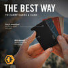 A hand holds a black slim RFID blocking wallet displaying cards and cash.