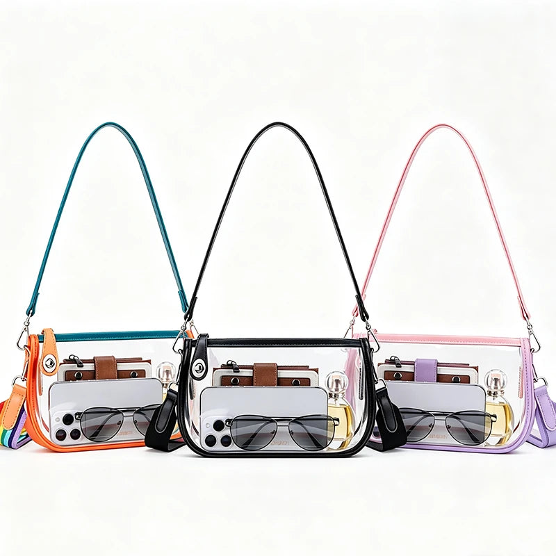 Trois sacs à l'épaule en PVC transparents dans les tons sarcelle, noir et rose avec des accents en cuir.