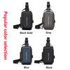 A collection of men's anti-theft lock chest bags in various colors including black gold, gray, blue, and black.