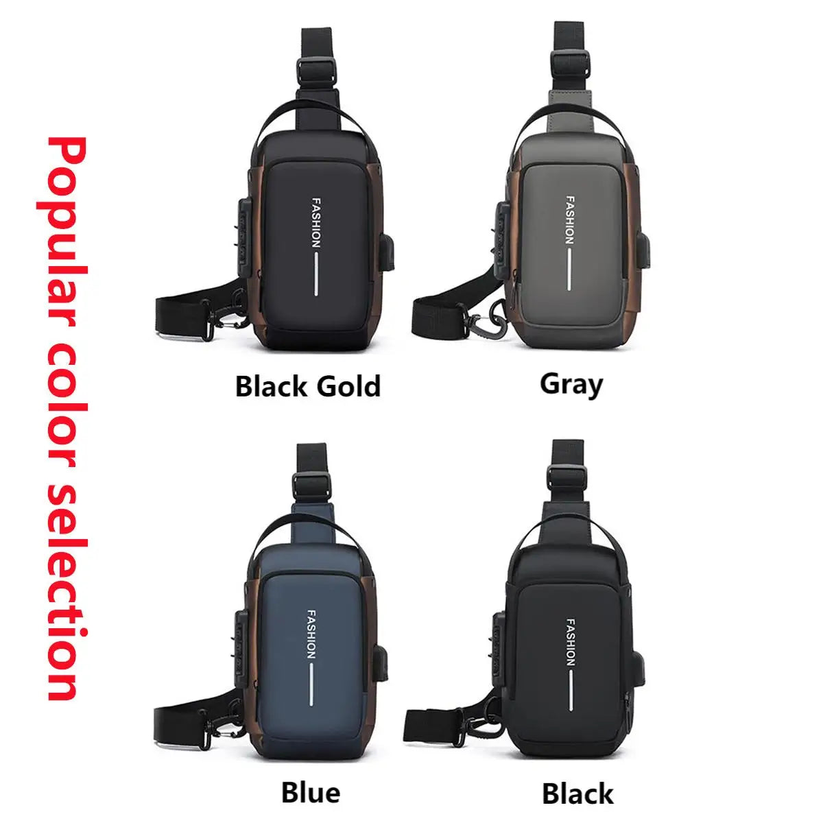 A collection of men's anti-theft lock chest bags in various colors including black gold, gray, blue, and black.