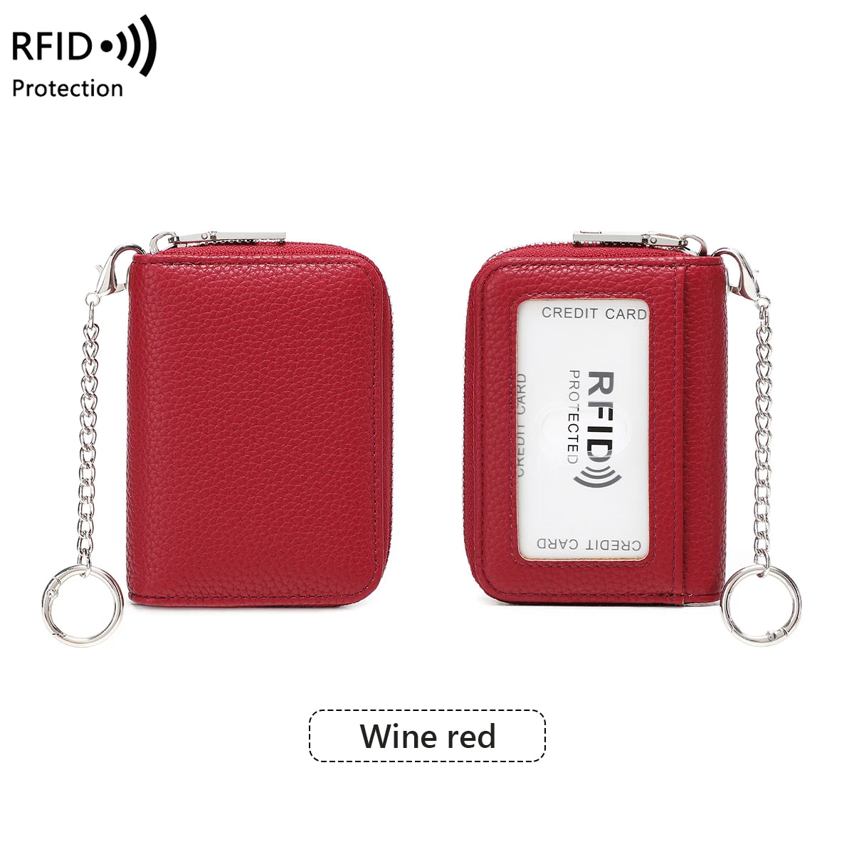 A red leather RFID protected accordion wallet with a chain attached, shown against a white background.