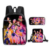 A black backpack featuring anime characters, including a female character with pink hair and another in a yellow outfit.