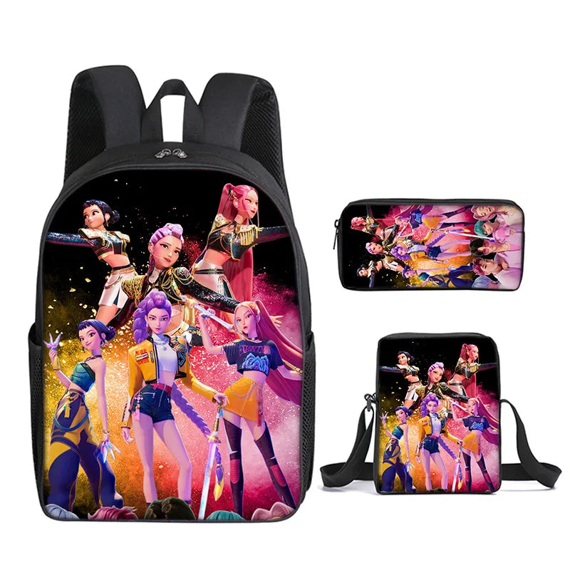 A black backpack featuring anime characters, including a female character with pink hair and another in a yellow outfit.