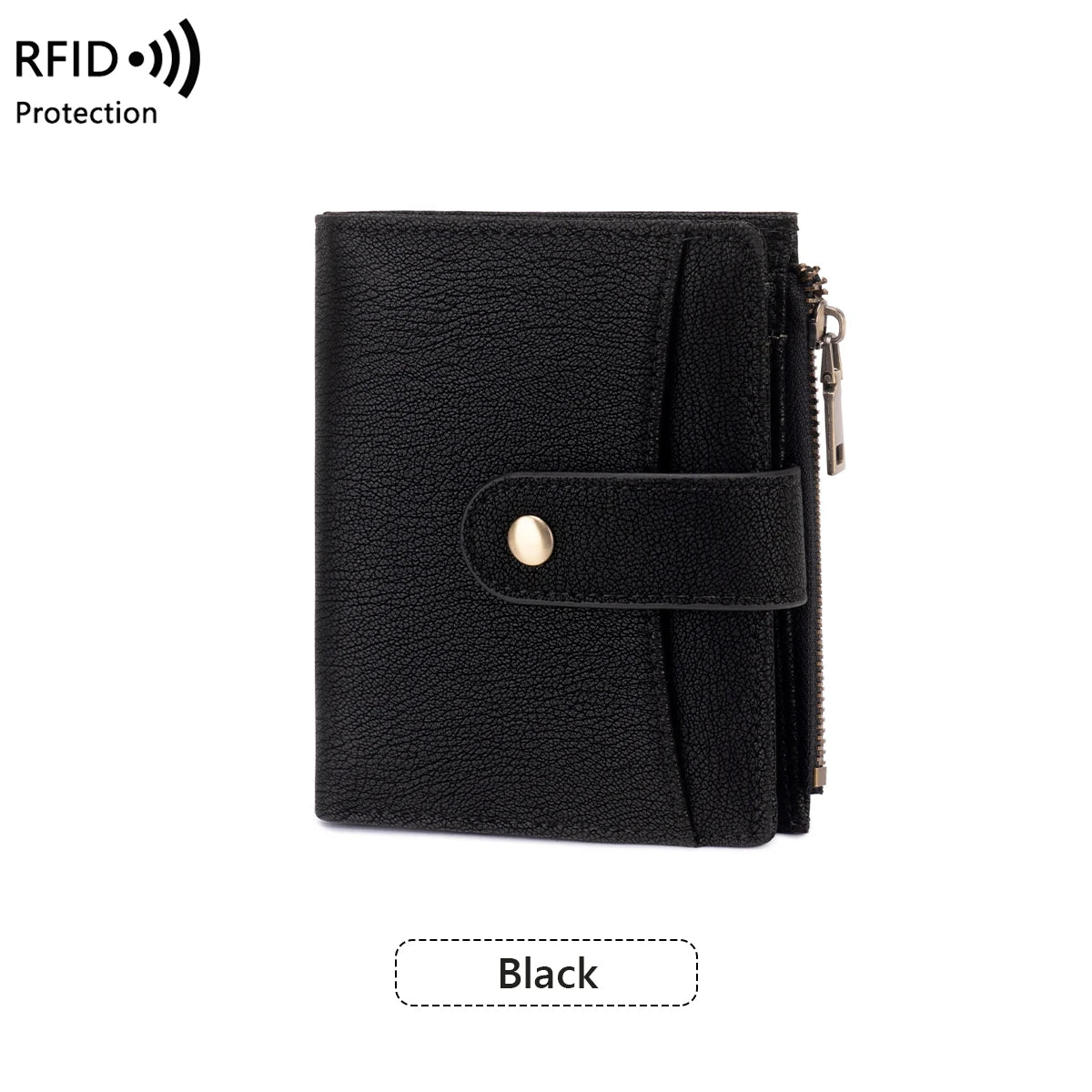 Black women's RFID-blocking compact bi-fold zipper wallet.