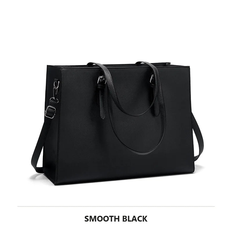 A smooth black large capacity laptop tote bag with a crocodile texture shown flat.