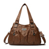 Braune Vintage Soft PU Leder-Schultertasche mit langer Tragegurt von vorne.