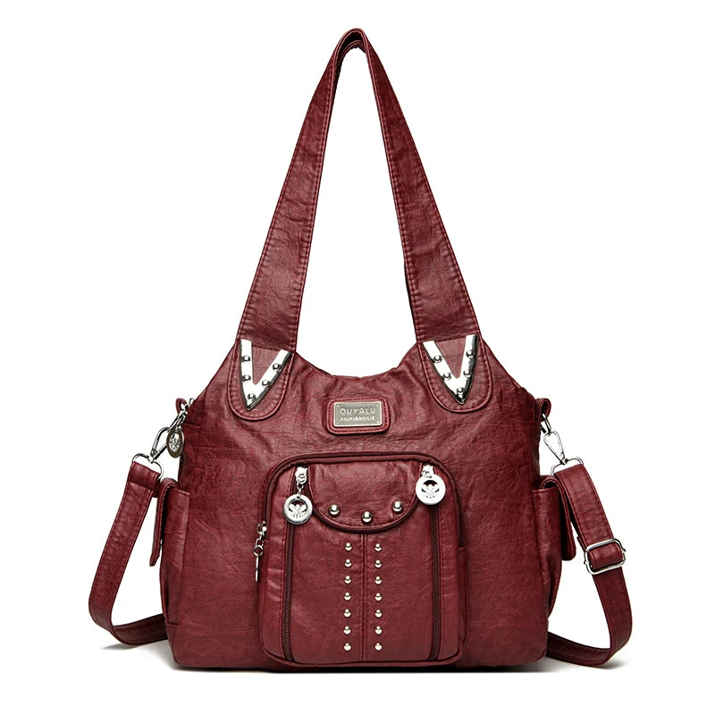 Maroon Vintage Soft PU Lederhandtasche mit Klappe und mehreren Taschen