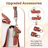 A close-up of a brown leather strap accessory for a white mini bag, showing various adjustable and conversion clips.