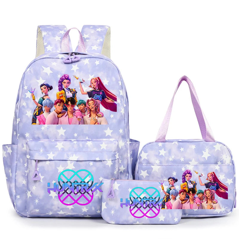 A set of purple and blue nylon backpacks featuring characters from a popular show