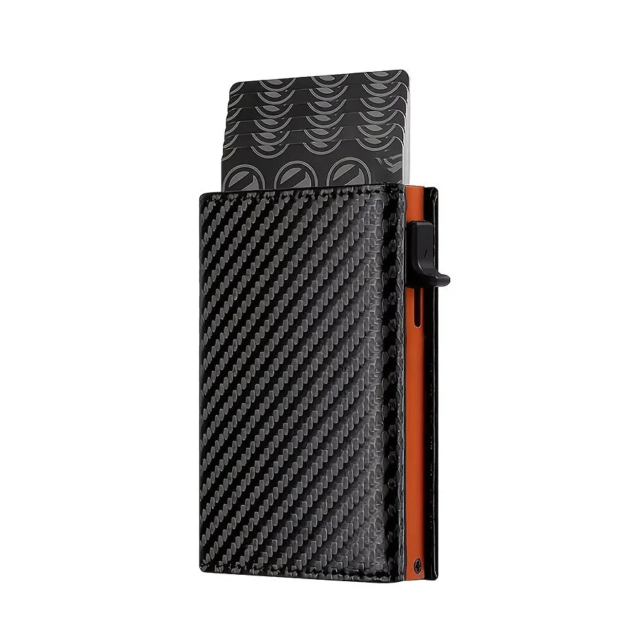 Black textured aluminum pop-up card holder with an orange accent.