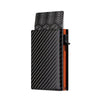 Black textured aluminum pop-up card holder with an orange accent.