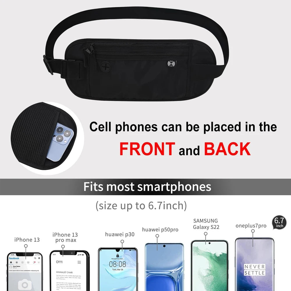 Black RFID blocking anti-theft money belt shown with a front and back compartment design.