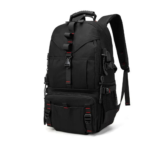 Black durable travel backpack for men with multiple compartments and straps