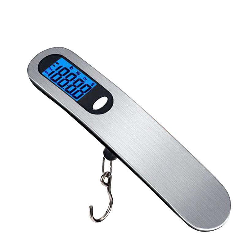 A silver portable digital luggage scale displaying a weight of 100.00 kg.
