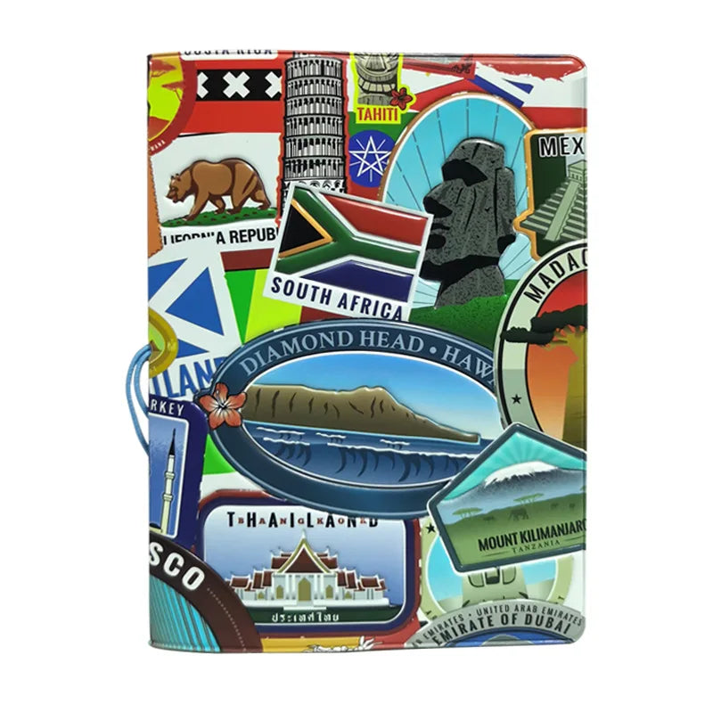 A colorful 3D PVC passport cover featuring various travel-themed designs and landmarks.