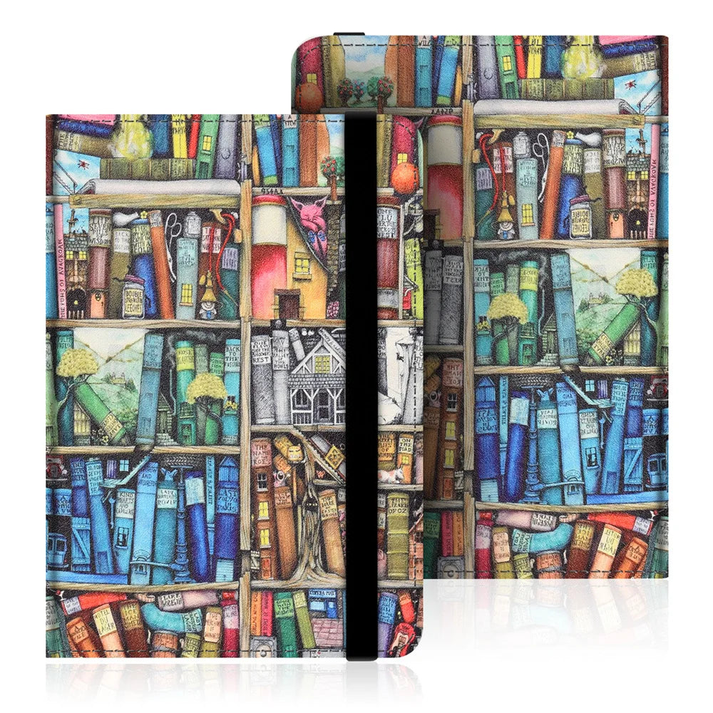 A colorful universal e-book cover displayed in a protective strap, featuring various book designs and illustrations.