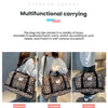 A leopard print multifunctional carrying bag shown in three ways: one shoulder, crossbody, and portable.