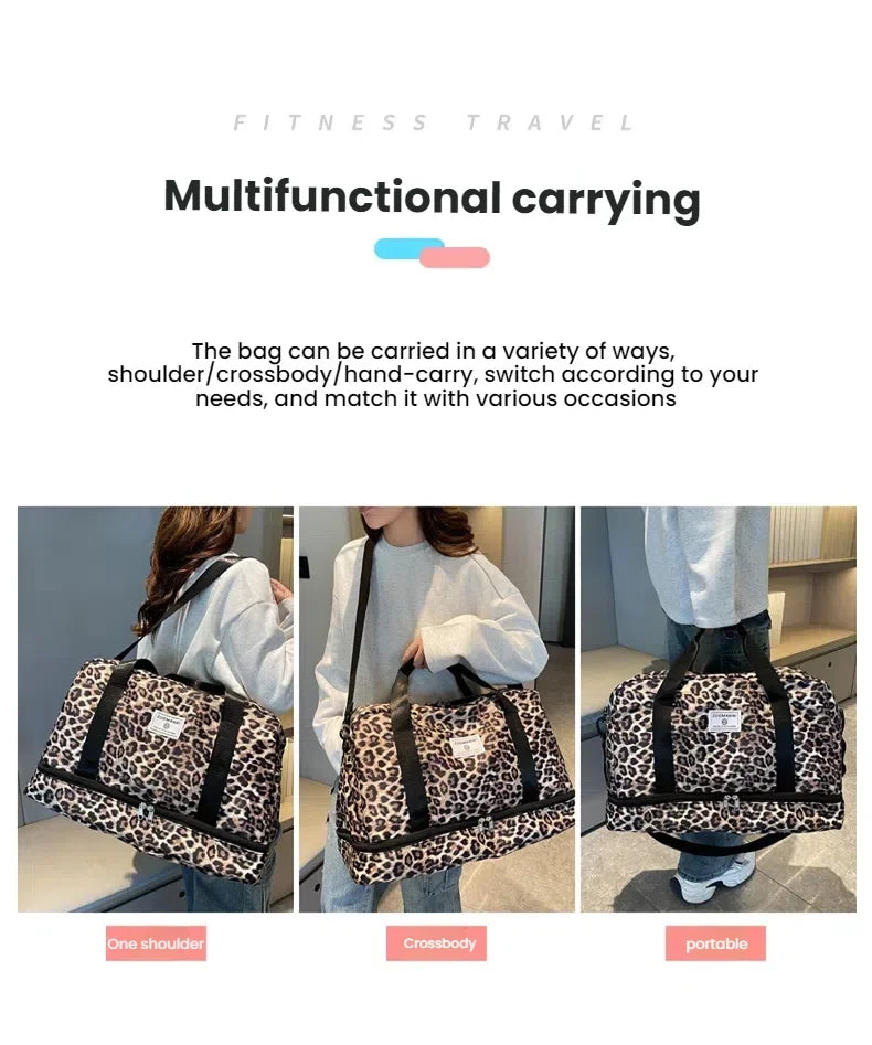 A leopard print multifunctional carrying bag shown in three ways: one shoulder, crossbody, and portable.