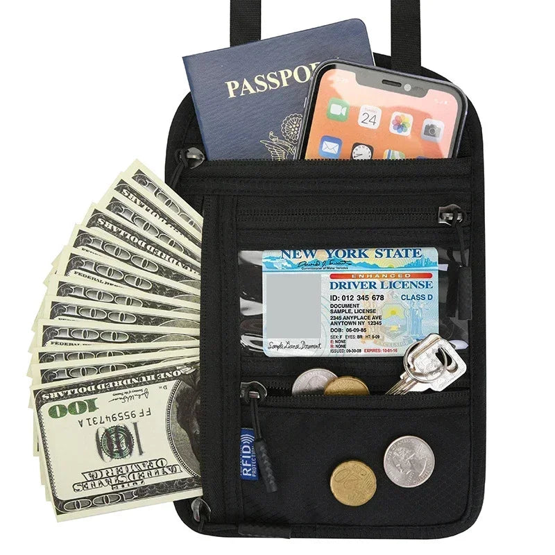 Black RFID blocking travel passport holder with a driver's license and cash visible inside